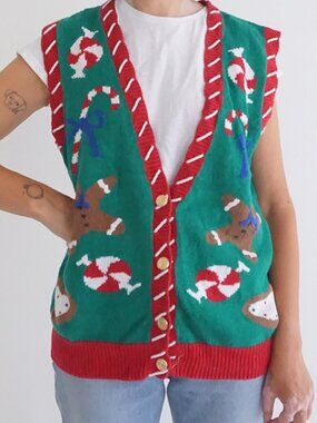 Vintage Alison Craig Green Gingerbreadmen Peppermint Candy Holiday Sweater Vest